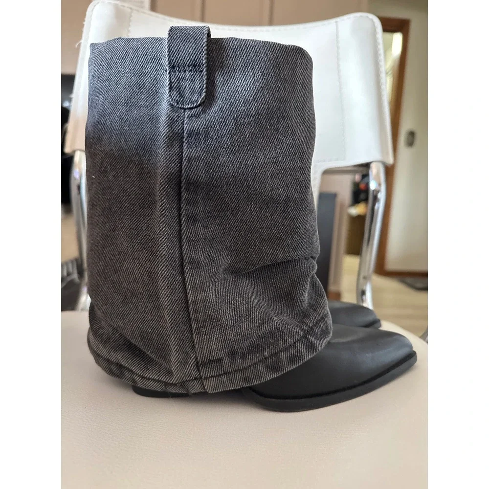 Steve Madden Lavish Denim Gaiter Boots Grey Black Pointed Toe Block Heel 6.5M